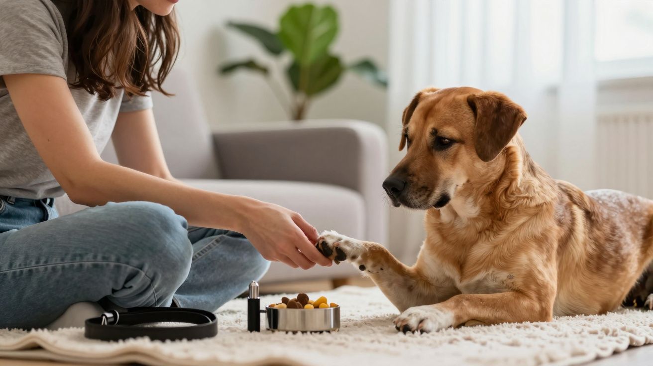 Mujer acariciando a un perro mientras le ofrece golosinas en un cuenco sobre una alfombra en casa.