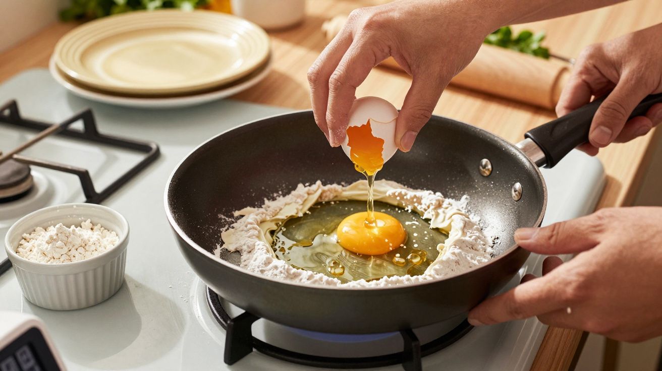 Manos rompiendo un huevo en una sartén caliente rodeada de harina sobre una cocina a gas.