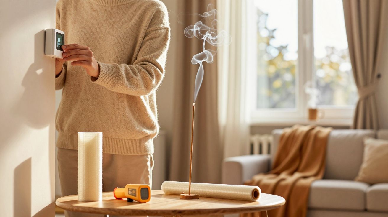 Persona ajusta un termostato mientras una varilla de incienso ardiente emite humo en una sala iluminada por el sol.
