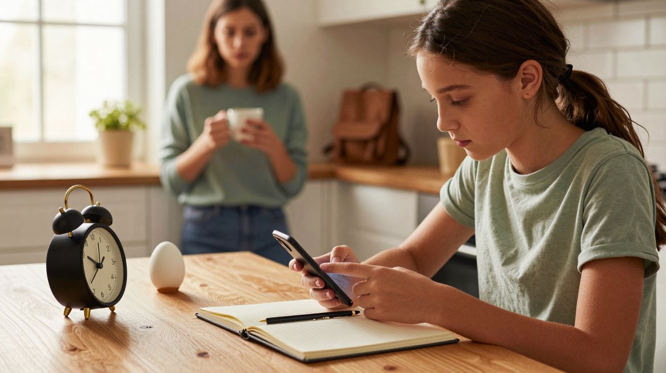 Niña escribiendo en su móvil junto a un cuaderno y reloj en la cocina; mujer de fondo con taza.