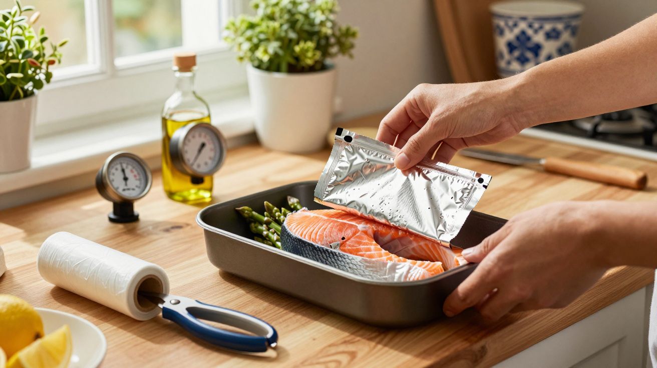 Persona colocando salmón y espárragos en una bandeja de horno en la cocina, con aceites y utensilios alrededor.