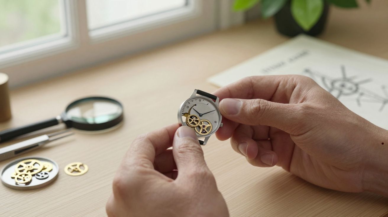 Manos sostienen un reloj desmontado sobre una mesa de trabajo con engranajes y herramientas, cerca de una ventana.
