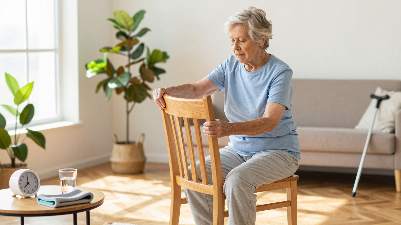 Mujer mayor en casa haciendo ejercicio suave con una silla, rodeada de plantas y una muleta cercana.