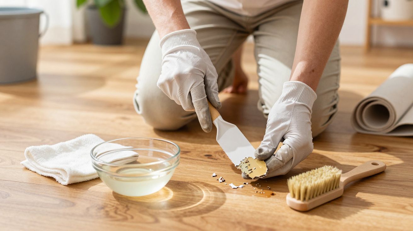 Persona con guantes limpia el suelo de madera con espátula, cepillo y líquido en un bol de vidrio.