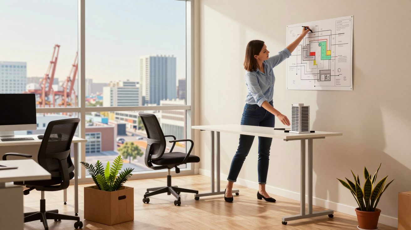 Mujer en oficina moderna señalando un plano en la pared; modelos de edificios sobre el escritorio.