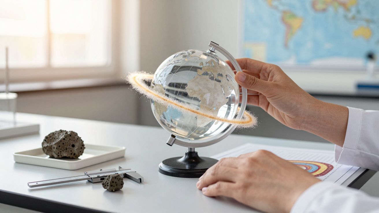 Mano girando un globo terráqueo transparente con anillos, en una mesa con piedras y documentos científicos.