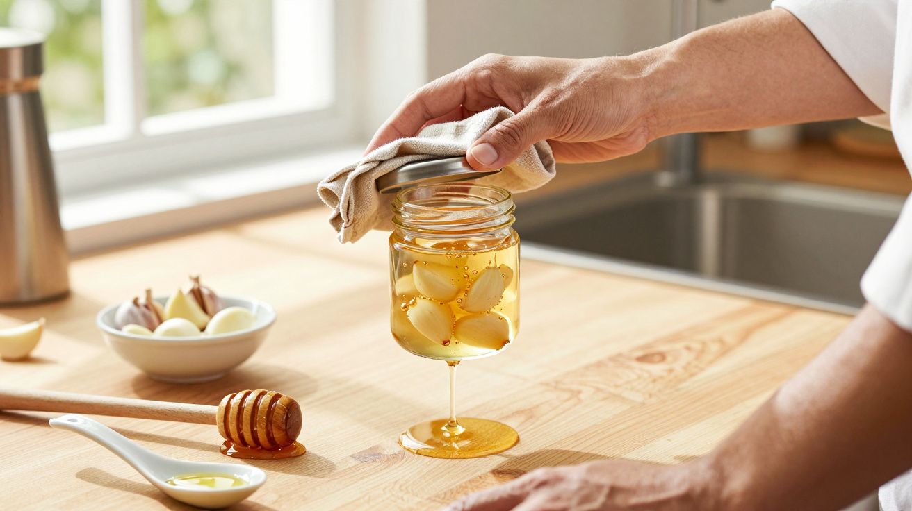 Manos cerrando un tarro de miel y ajos en una cocina iluminada.