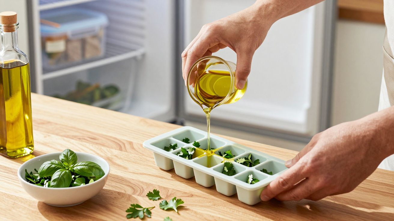Manos vertiendo aceite en una bandeja de cubitos con hierbas. Fondo: nevera abierta y botellas de aceite.