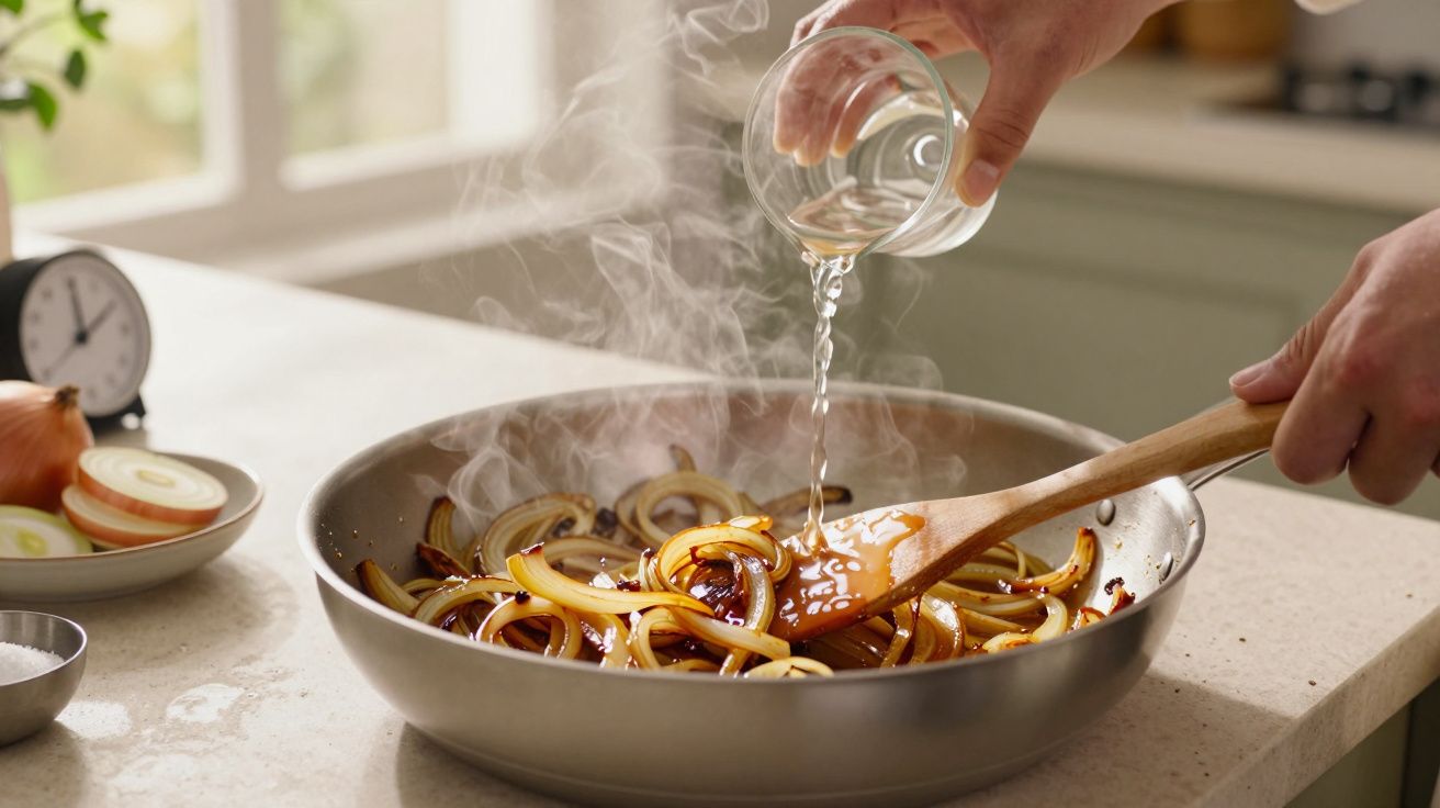 Mano vertiendo líquido sobre cebollas doradas en sartén, con vapor y una cuchara de madera.