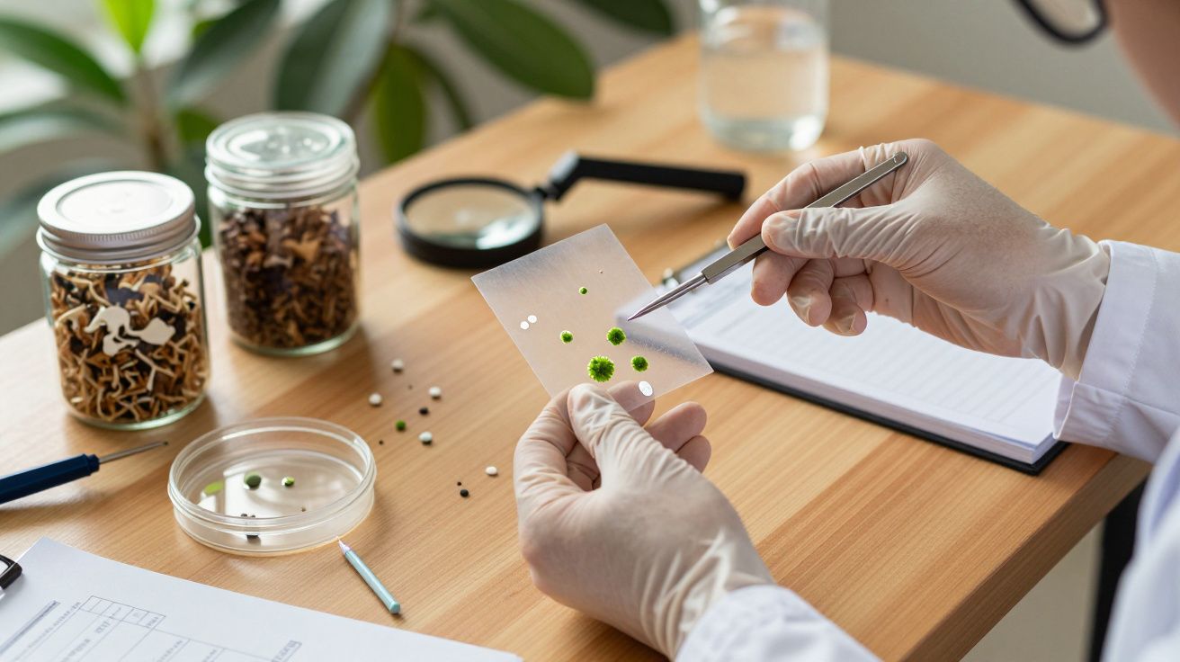Científico analizando muestras vegetales en un portaobjetos, con lupas y frascos en una mesa de laboratorio.