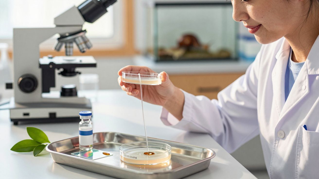 Científica en laboratorio analizando una placa de Petri con un microscopio de fondo.