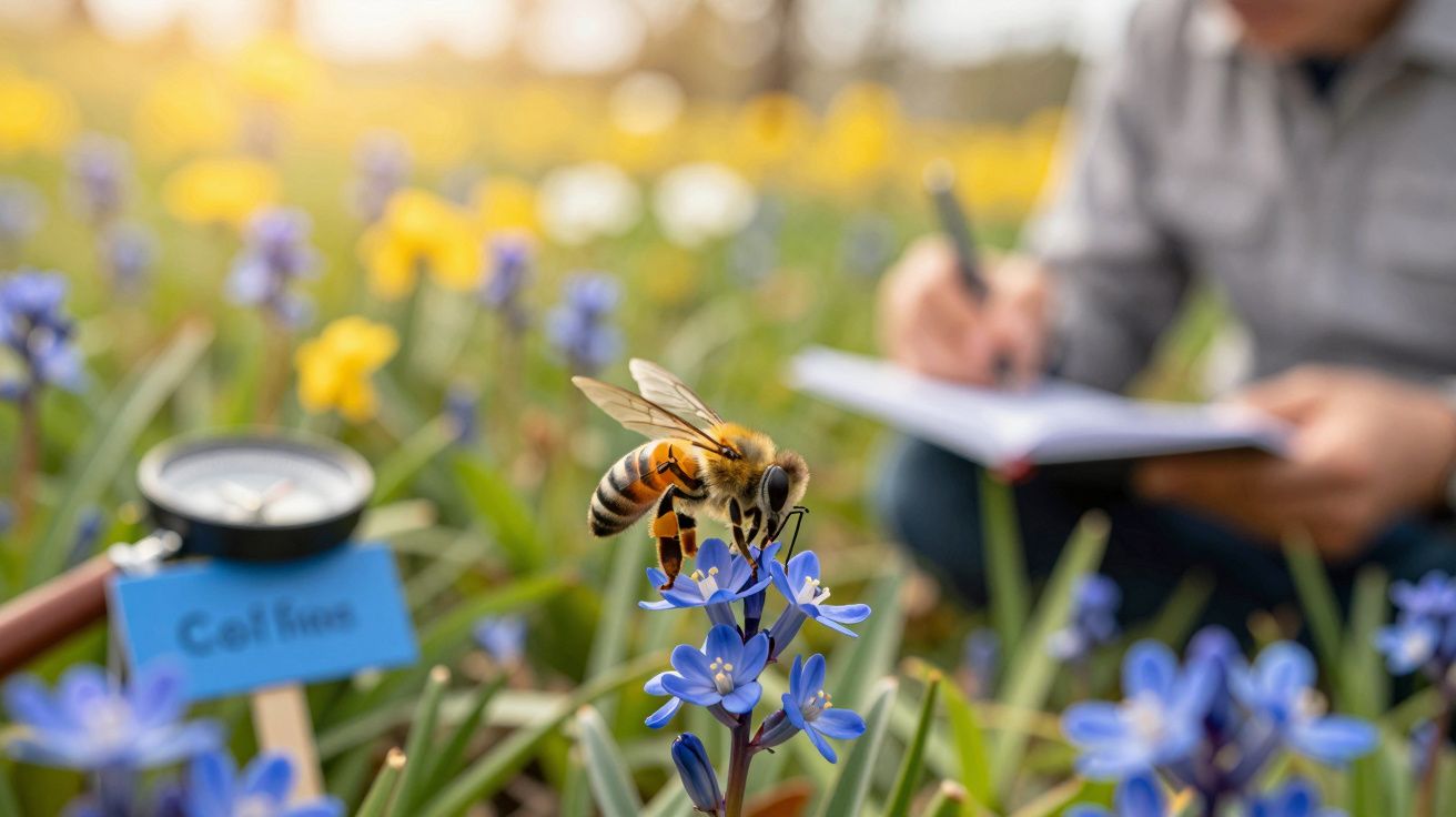 Abeja sobre flor azul en campo, con una persona escribiendo observaciones al fondo.