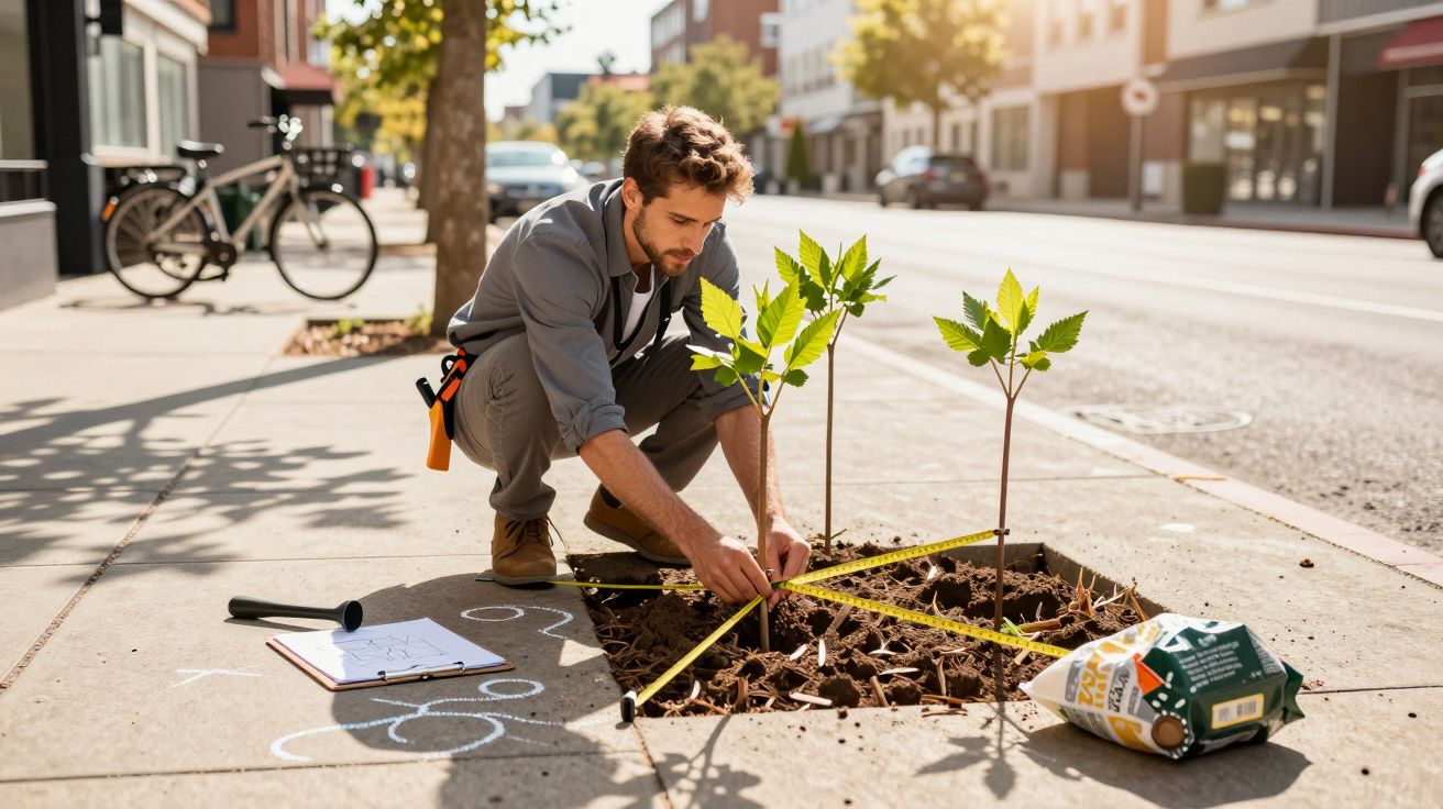 Hombre midiendo con cinta métrica plantas jóvenes en la acera, con plano y bolsa de tierra cerca.