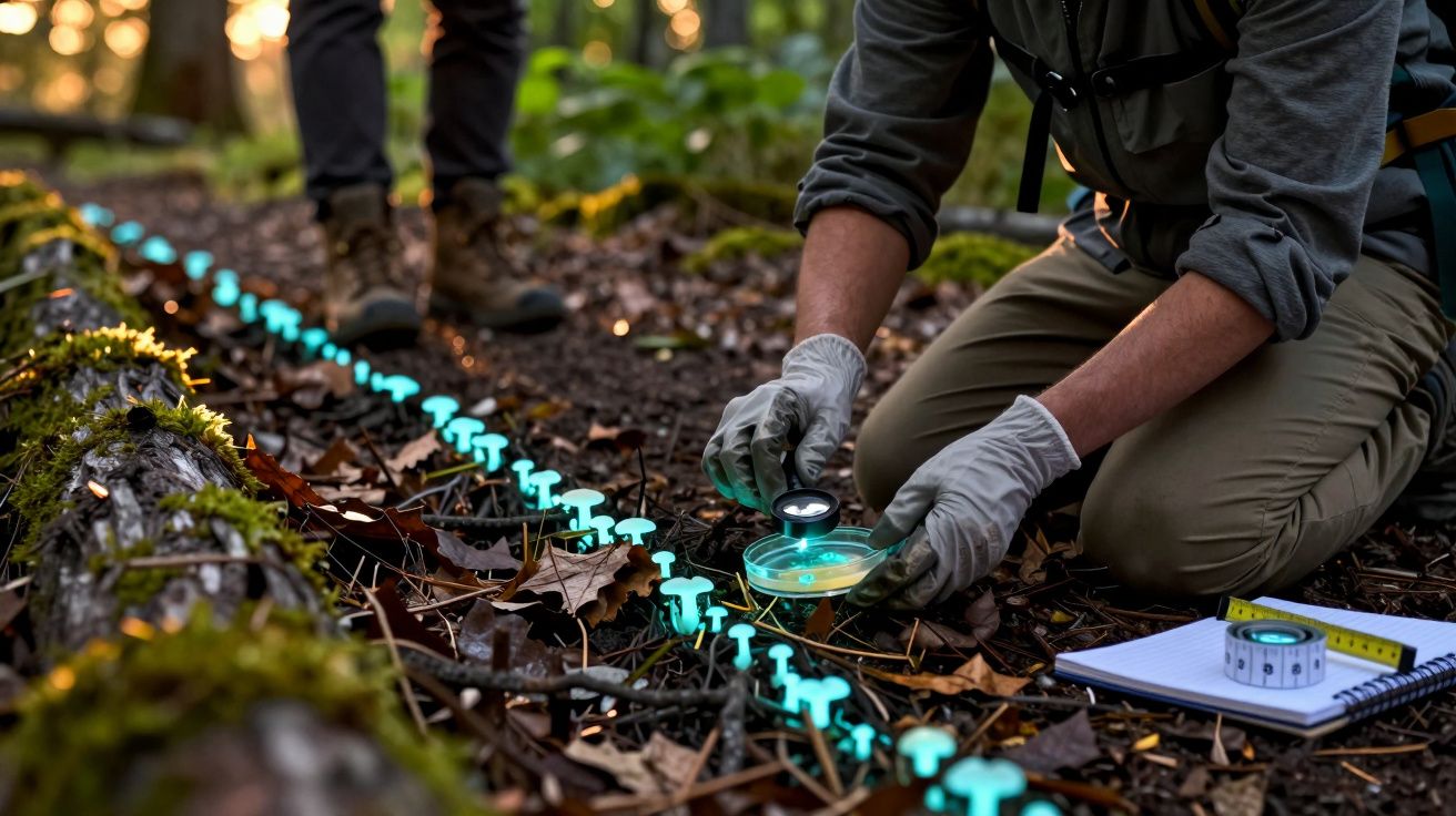 Persona recolectando hongos bioluminiscentes en el bosque con guantes y lupa; libreta y cintas de medición al lado.
