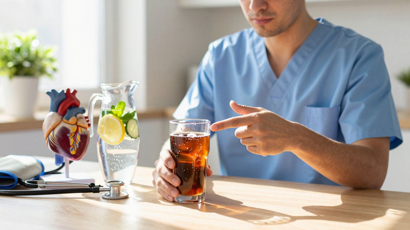 Persona en uniforme médico señalando un vaso de refresco en una mesa con una figura de corazón y una jarra de agua limón.