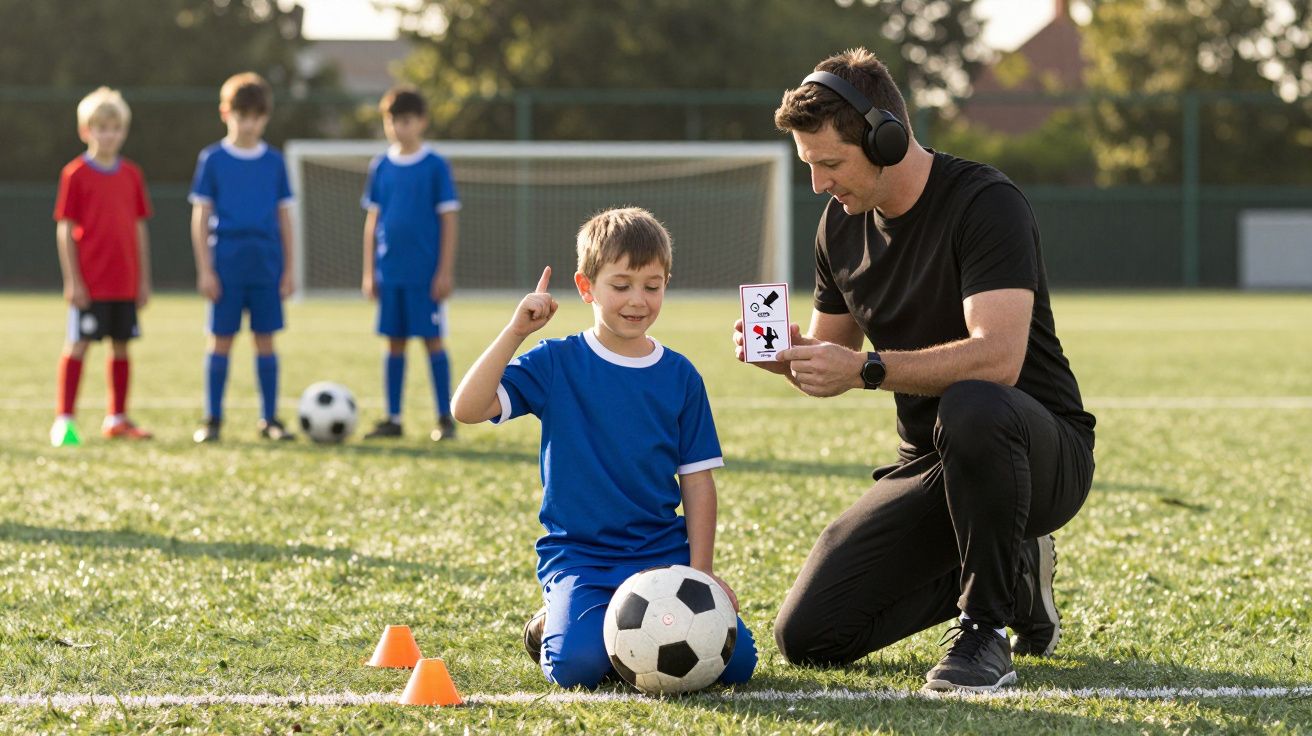 Entrenador hablando con niño en el campo de fútbol mientras otros niños esperan detrás.