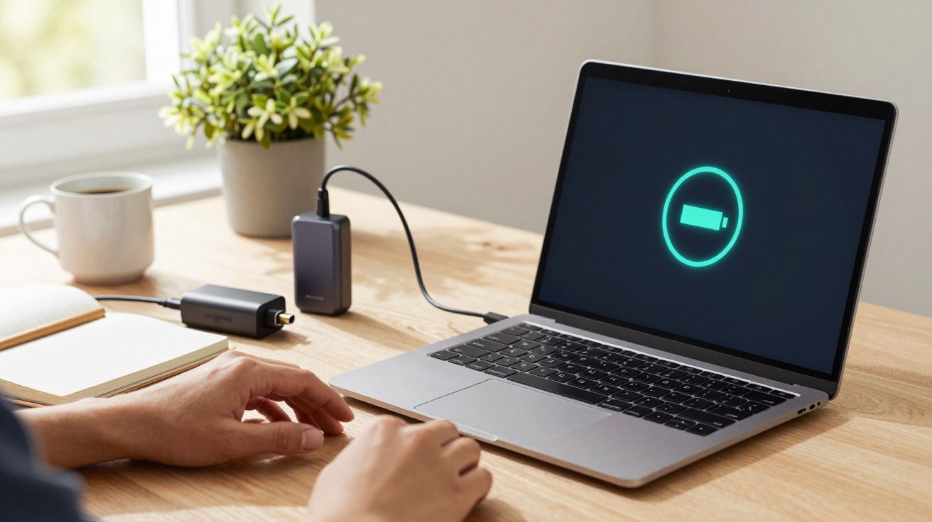Persona usando un portátil conectado a un cargador portátil en una mesa de madera, junto a un cuaderno y una planta.