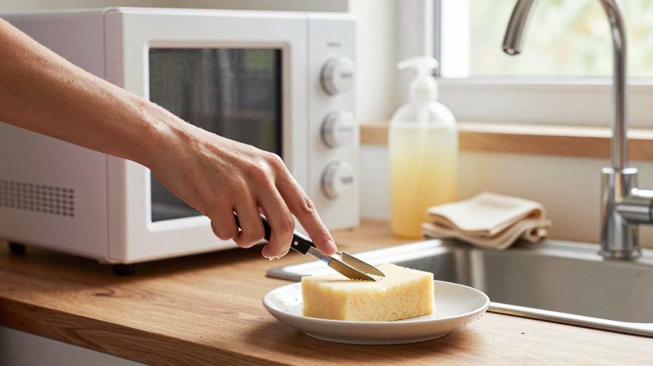 Mano cortando una esponja amarilla en un plato sobre una encimera de cocina, al lado de un microondas y un fregadero.