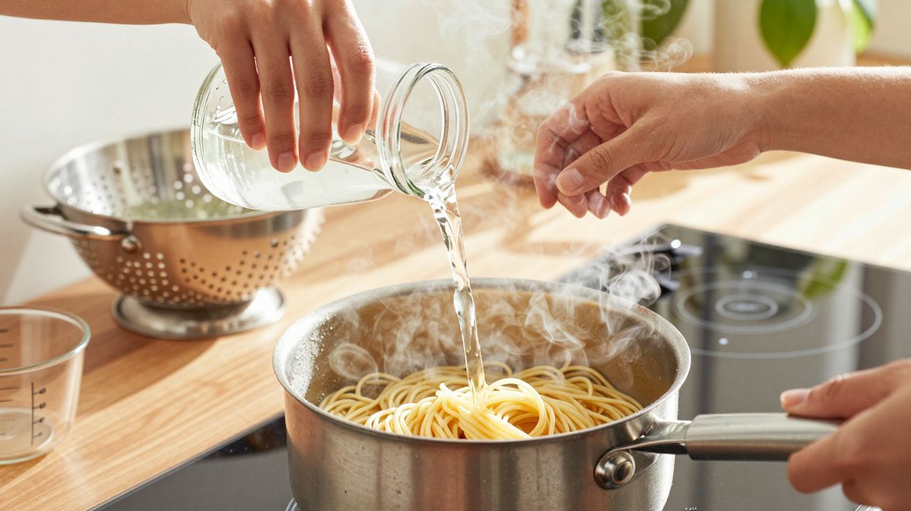 Manos vertiendo agua en una olla con espaguetis en la cocina. El vapor asciende del agua hirviendo.