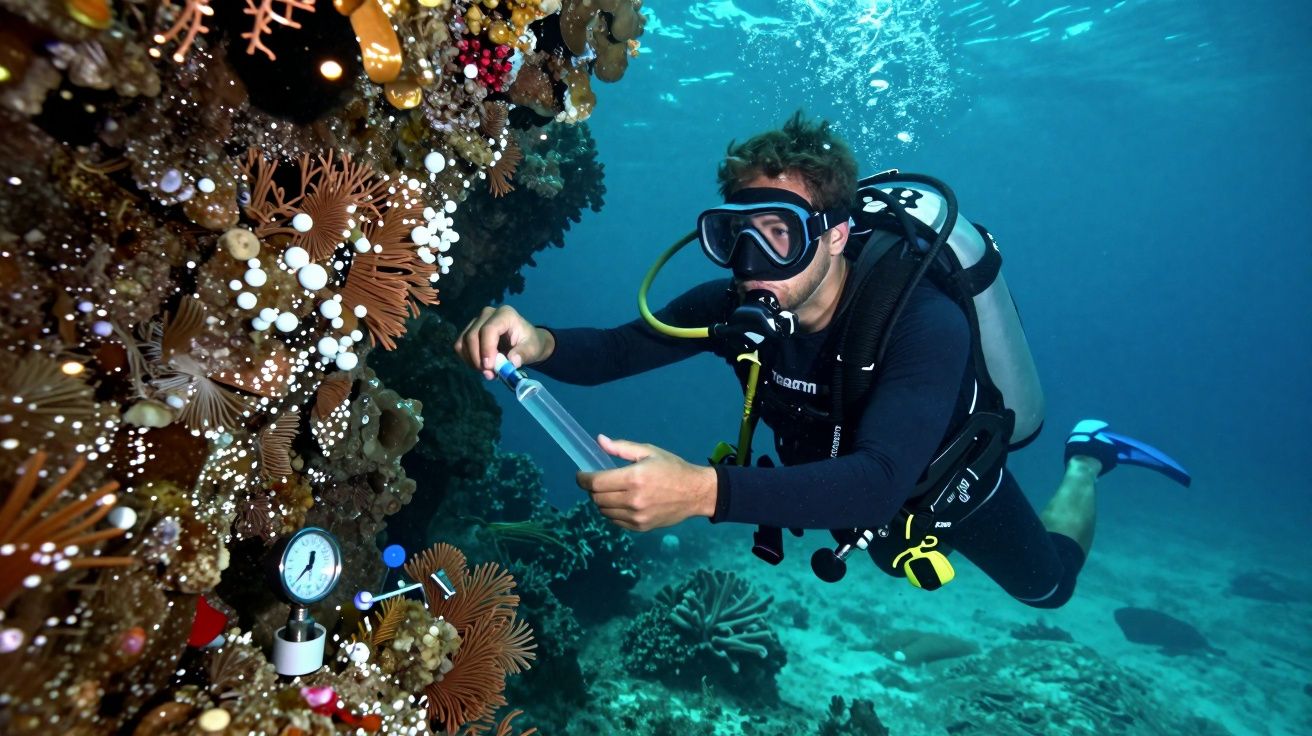 Buceador con traje negro recoge muestras de coral en arrecife submarino, rodeado de anémonas de colores.