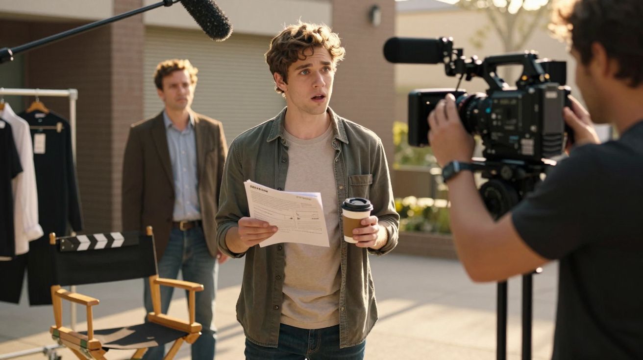 Joven con guion y café siendo filmado en un set de rodaje al aire libre, director y equipo de cámara presentes.