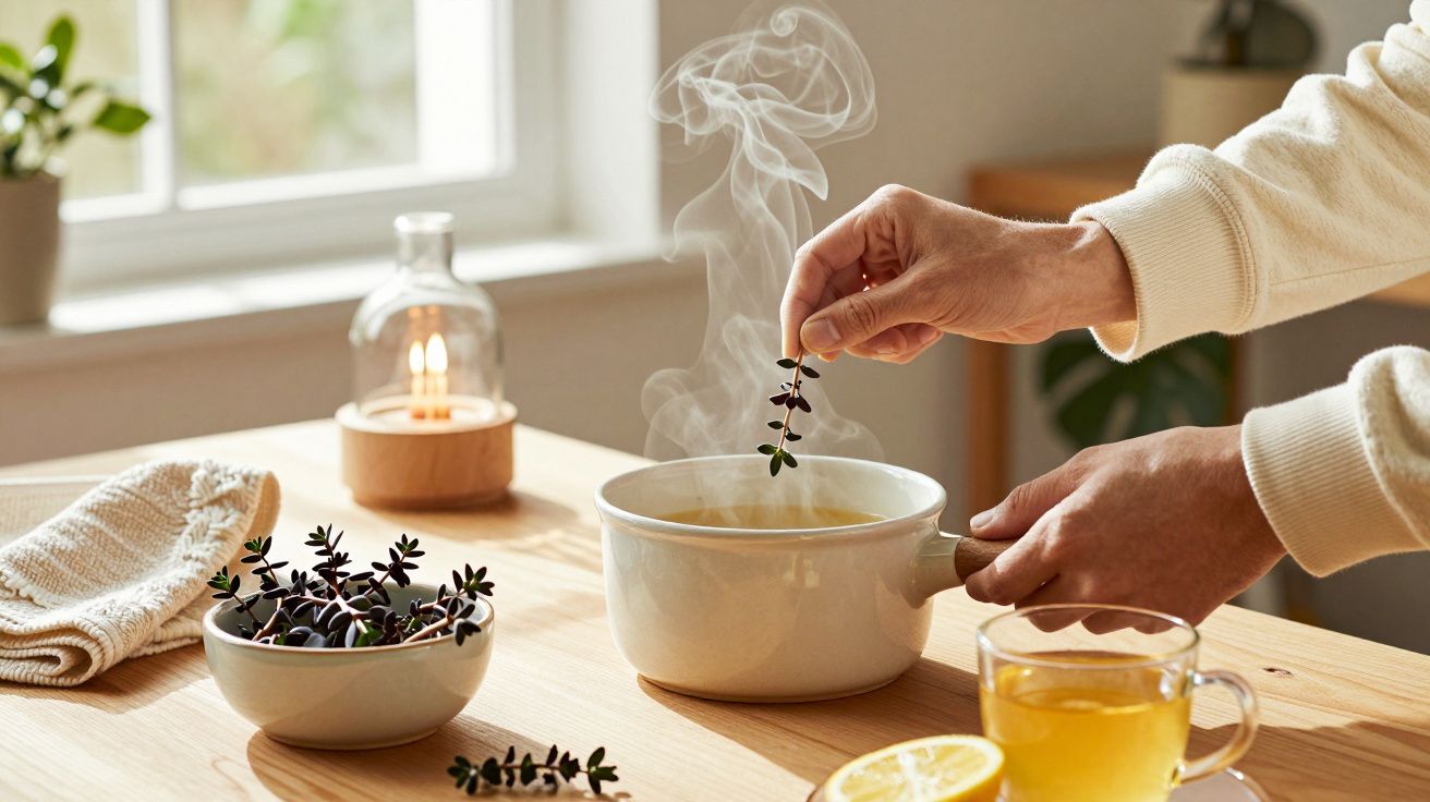 Manos añaden ramas de tomillo a una olla con vapor sobre una mesa, junto a un cuenco de bayas y una taza de té.
