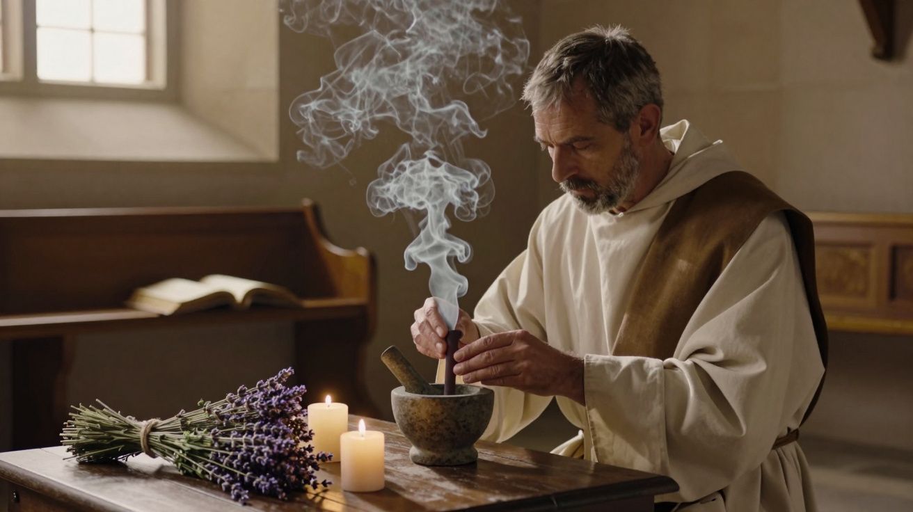 Monje medieval moliendo hierbas en un mortero, con humo ascendiendo y velas encendidas sobre una mesa de madera.