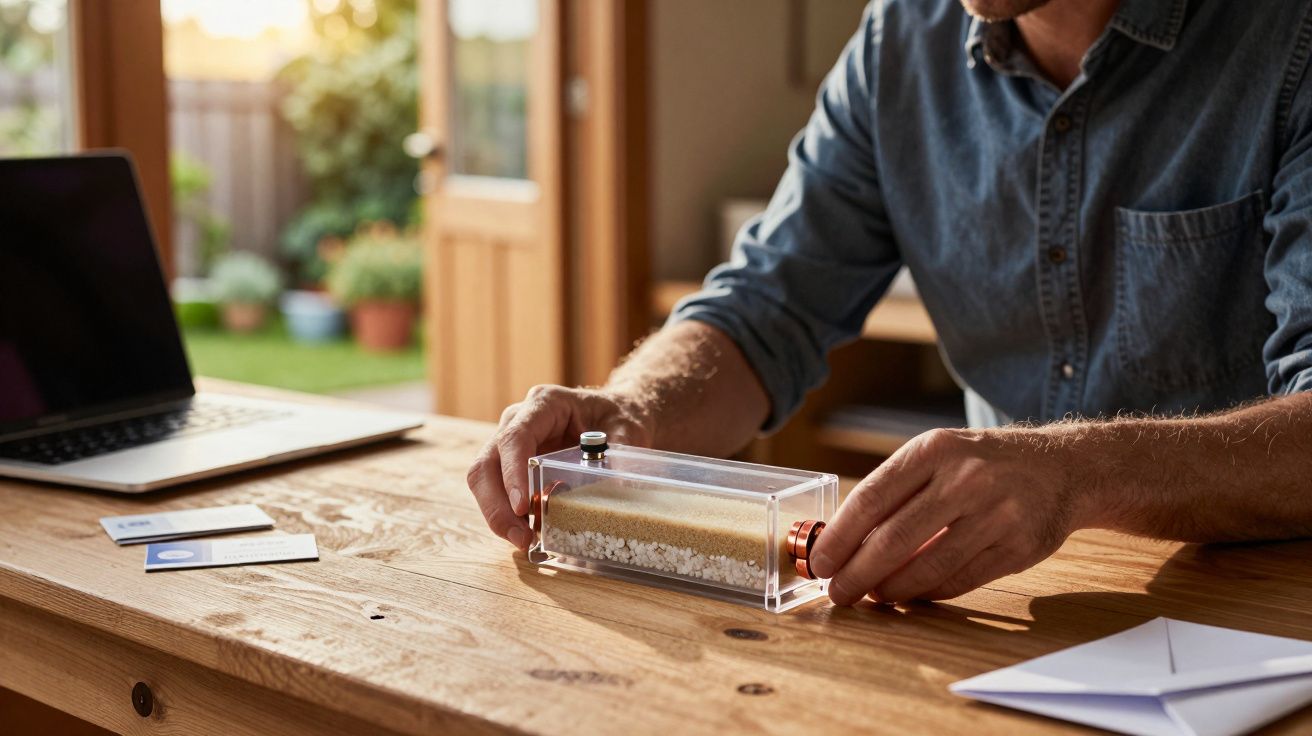 Hombre en camisa ajustando un dispositivo transparente en una mesa de madera, con un portátil al fondo.