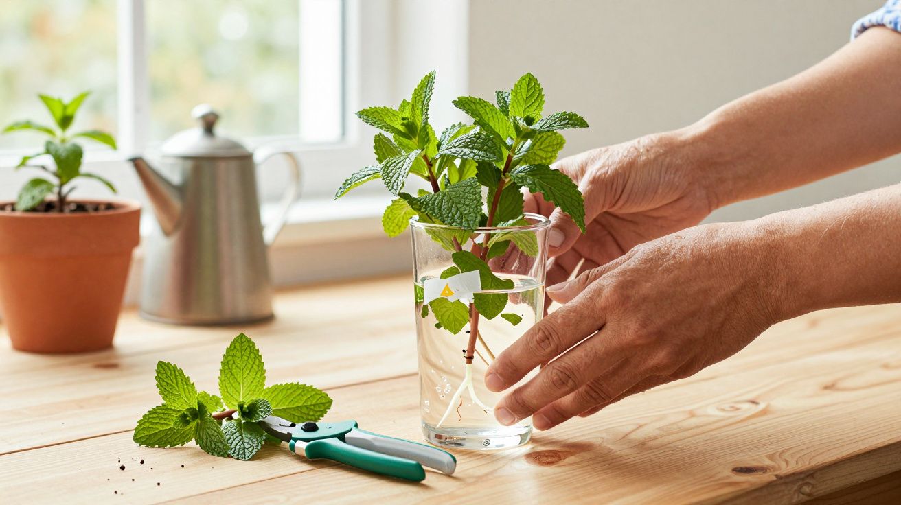 Manos colocando un tallo de menta en un vaso de agua sobre una mesa de madera, junto a una maceta y un regador.