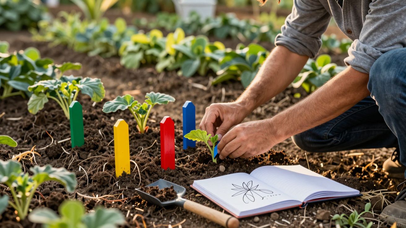 Persona plantando en huerto con etiquetas de colores y cuaderno abierto en el suelo.