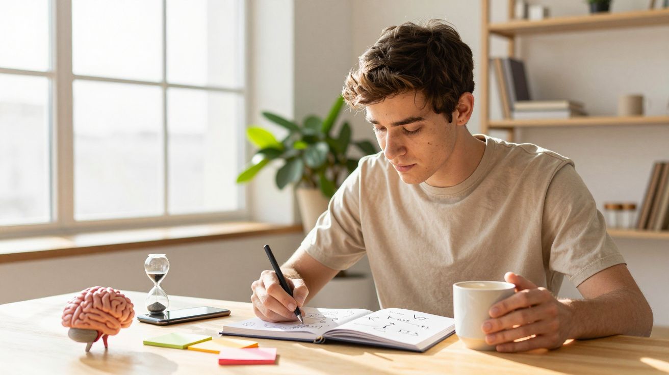 Joven estudiando en una mesa con cuaderno, taza, maquetas cerebrales y reloj de arena en un ambiente luminoso.