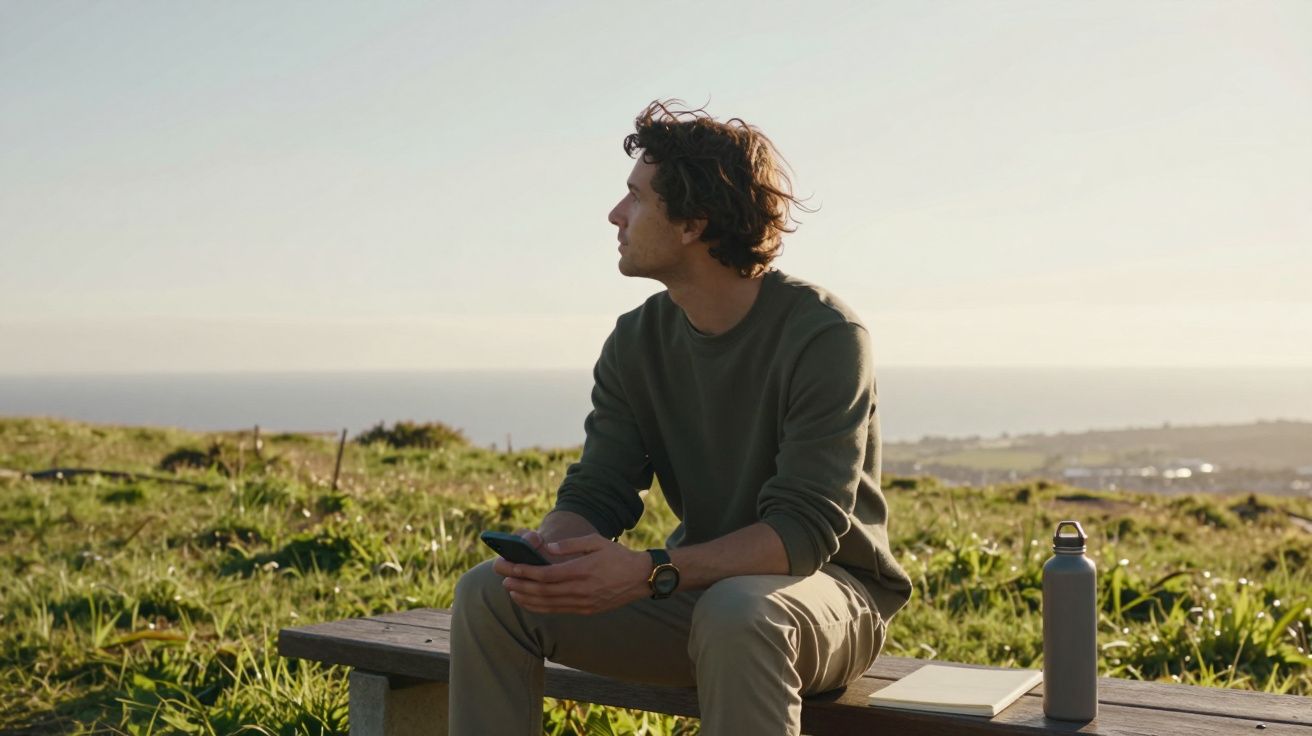 Hombre sentado en un banco al aire libre, mirando al horizonte, sostiene un móvil, con una botella y cuaderno a su lado.