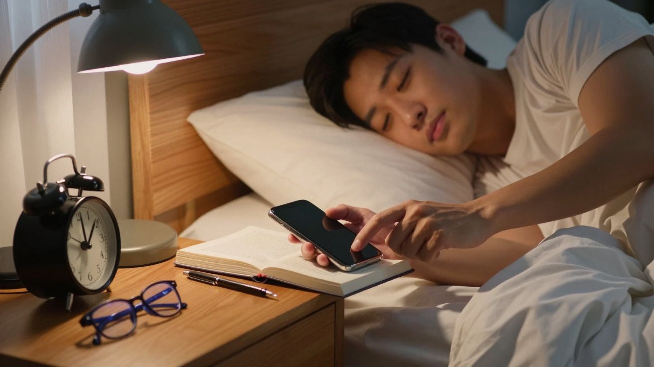 Hombre en cama apagando alarma del móvil junto a lámpara, reloj despertador y gafas sobre la mesilla.