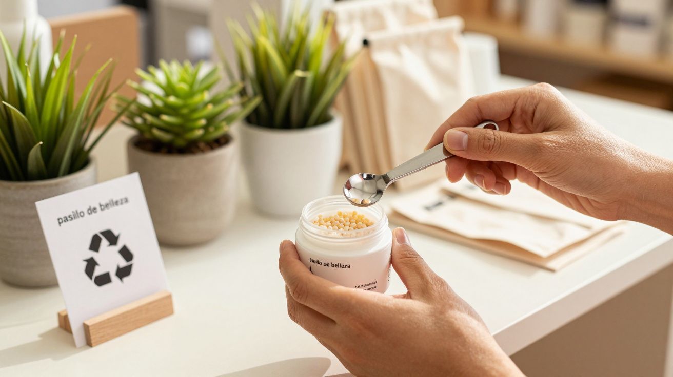 Manos midiendo perlas cosméticas con cuchara en un frasco. Plantas y señal de reciclaje en el fondo.