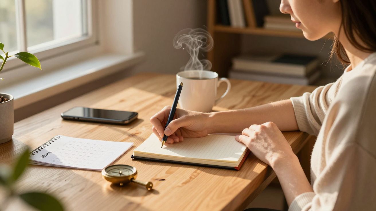 Persona escribiendo en un cuaderno sobre una mesa de madera, cerca de una taza humeante, un calendario y un teléfono.