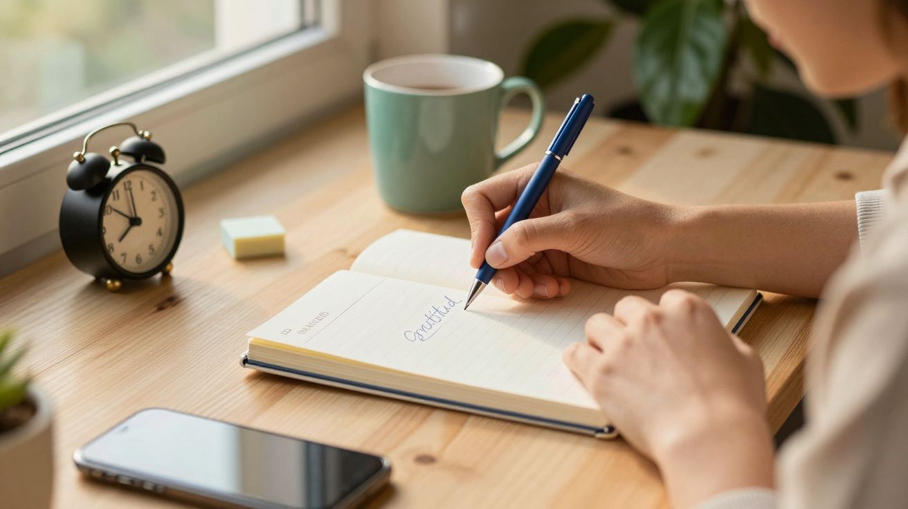 Persona escribiendo en un cuaderno junto a una ventana, con una taza, un despertador y un móvil sobre la mesa.