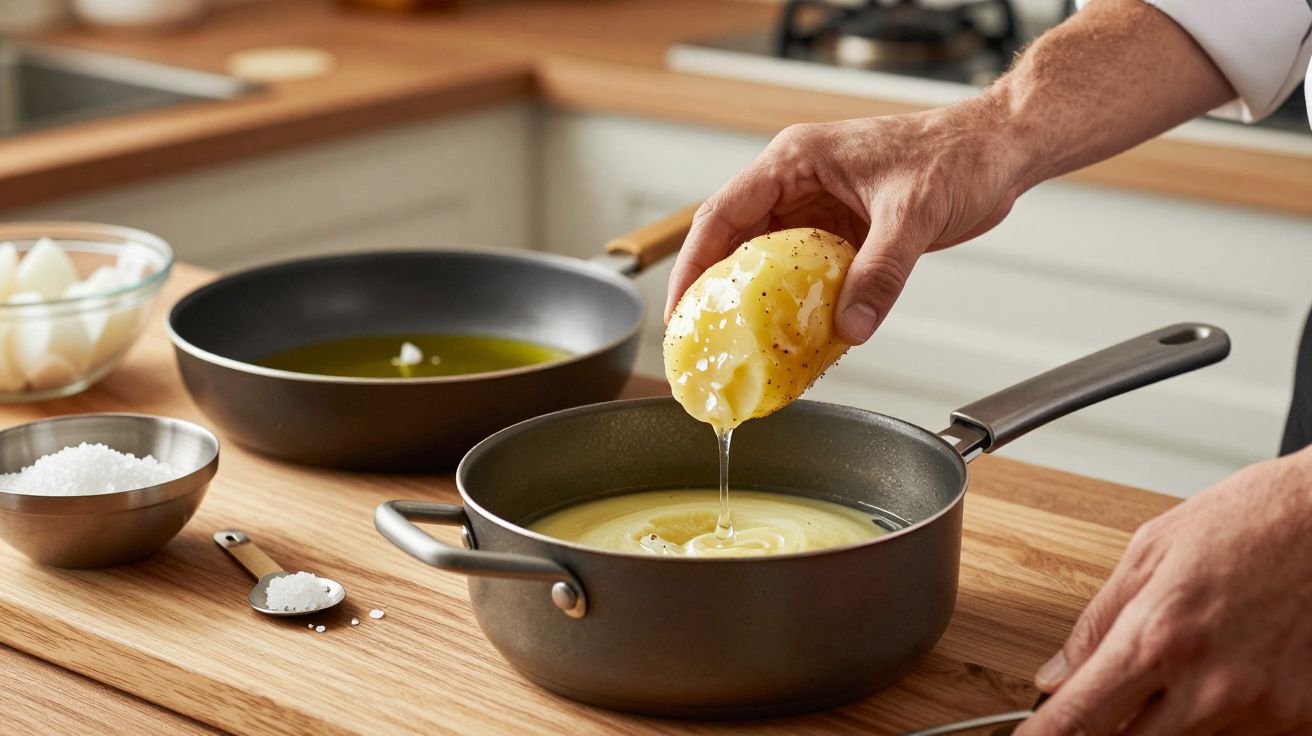 Mano exprimiendo papas sobre sartén con mezcla cremosa en cocina de madera.