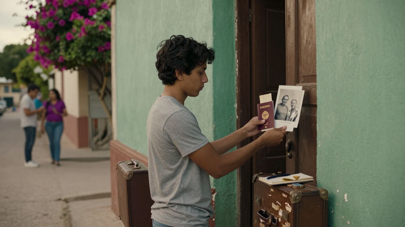 Joven frente a una puerta verde con pasaporte y foto en la mano, al lado de maleta antigua; pareja al fondo en la calle.