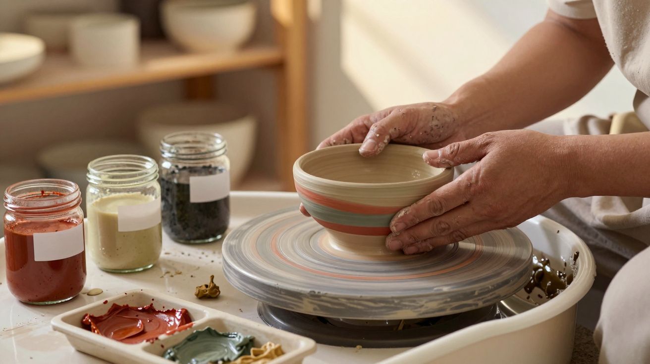 Manos moldeando cerámica en torno con botes de pintura de colores al lado.