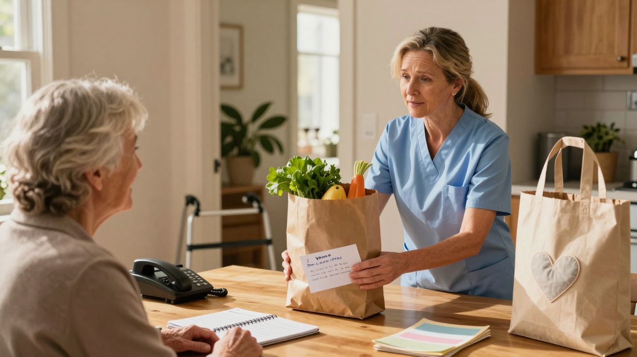 Mujer mayor sentada mientras cuidadora entrega bolsas de compra en una cocina.