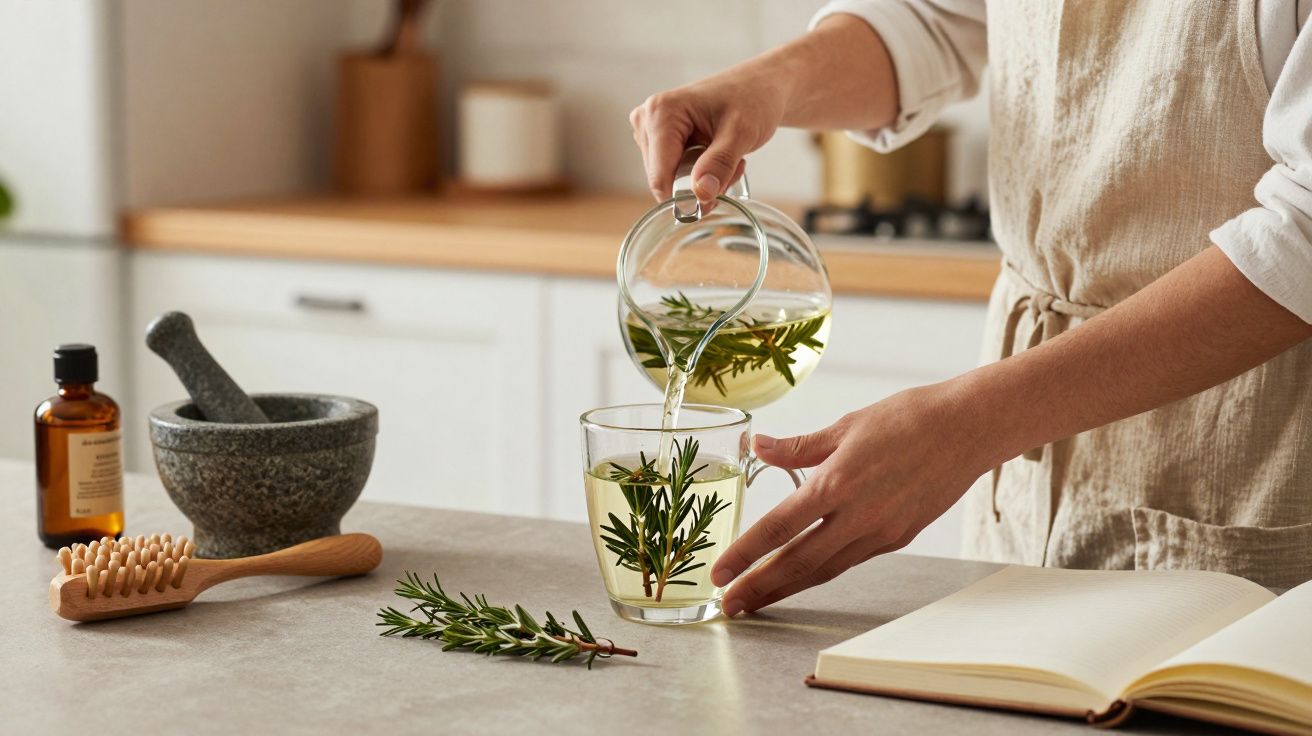 Persona sirviendo infusión de romero en una taza en la cocina, con un mortero, cepillo y botella al fondo.