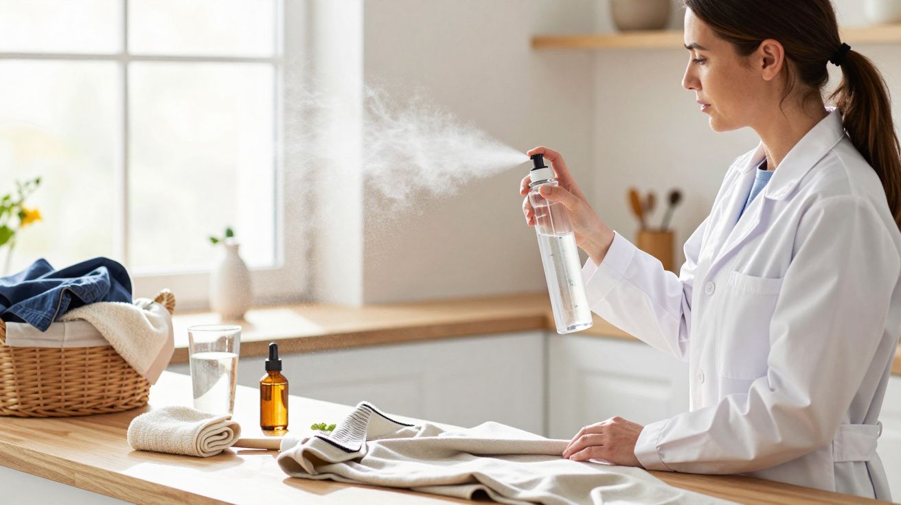 Mujer en bata blanca rociando líquido sobre ropa en una mesa de cocina, con productos y cesta al fondo.