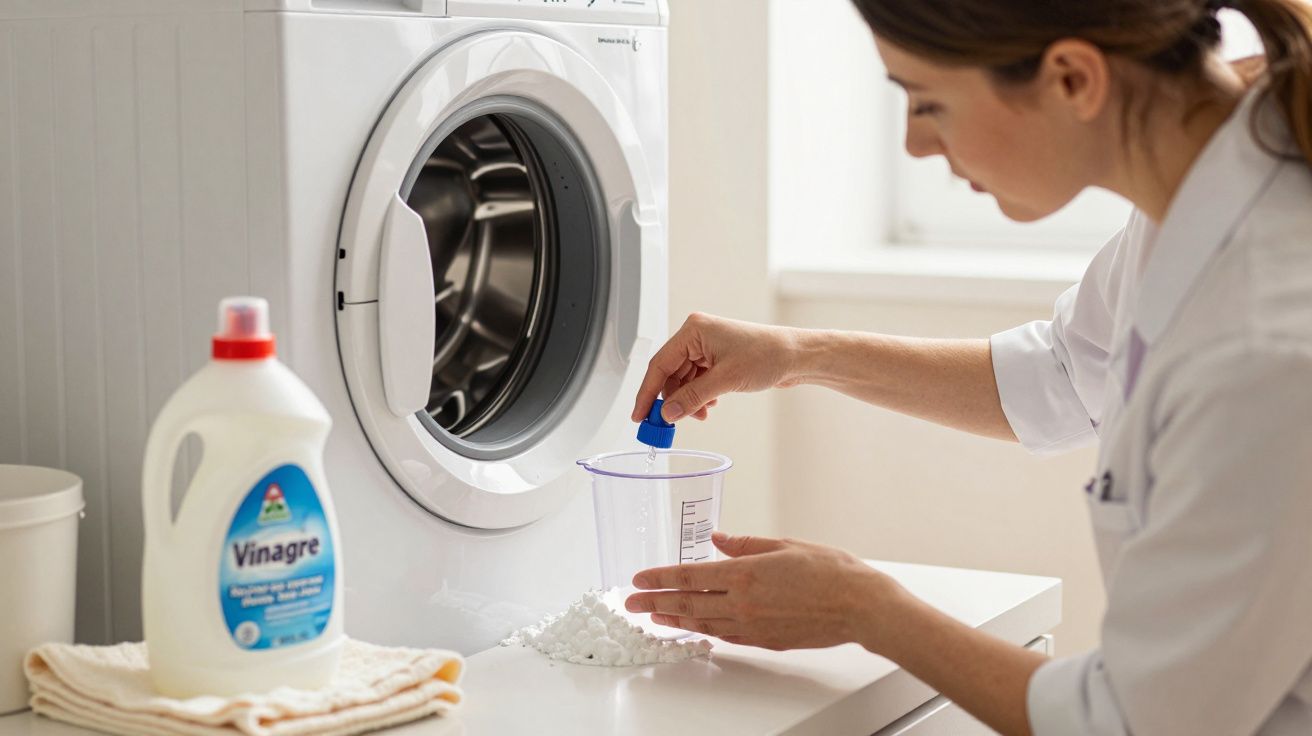 Mujer midiendo detergente en polvo frente a una lavadora, con botella de vinagre y toalla al lado.
