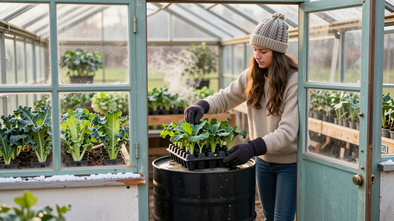 Mujer joven con abrigo y gorro arregla plantas en invernadero de cristal, rodeada de vegetación frondosa.