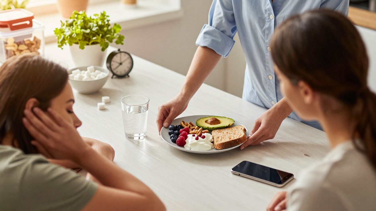 Dos personas sentadas a la mesa mientras otra sirve un desayuno saludable con fruta, aguacate y yogur.