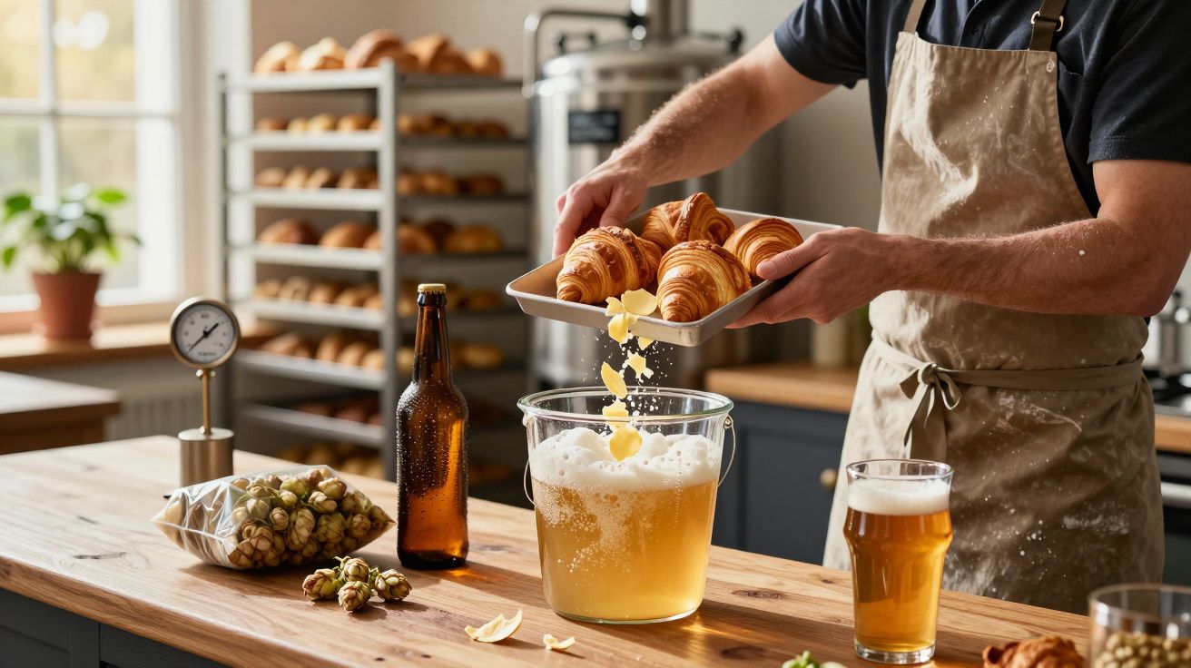 Persona horneando croissants junto a cerveza, botellas y lúpulo en una panadería luminosa.