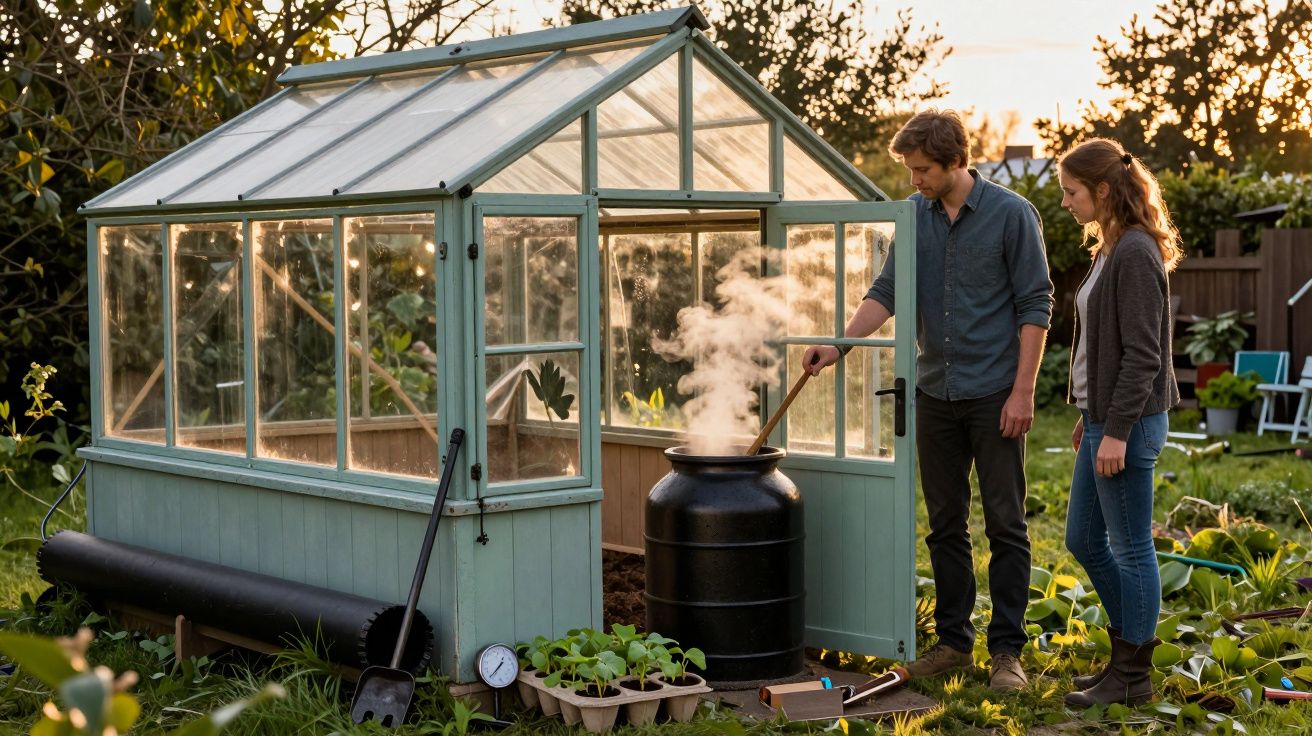 Pareja observando un recipiente de vapor junto a un invernadero en un jardín al atardecer.