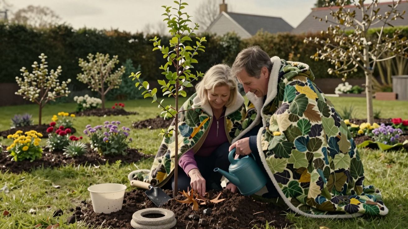 Pareja plantando un árbol en un jardín, cubierta con mantas. Flores coloridas alrededor, clima fresco.