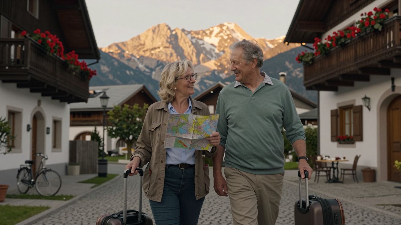 Pareja mayor con maletas y mapa pasea por un pueblo alpino, montañas de fondo.