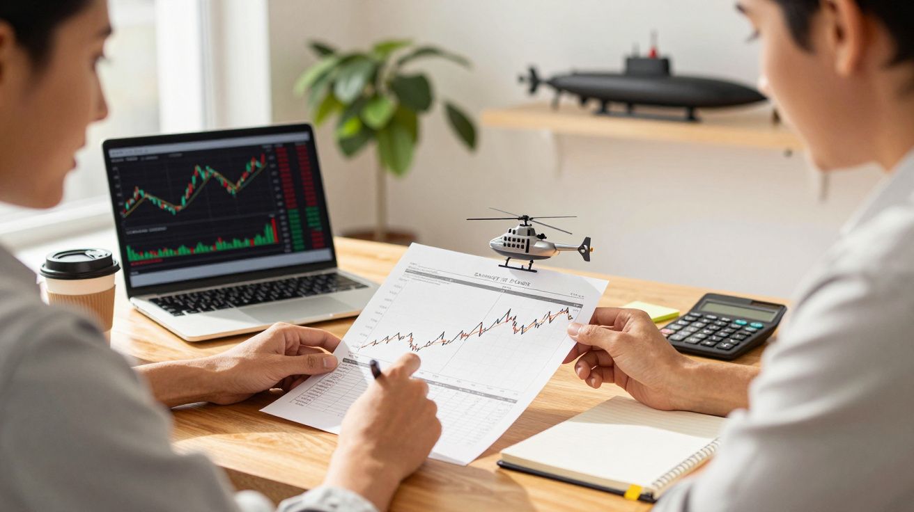 Dos personas analizando un gráfico financiero en un documento, con una pantalla de ordenador y una calculadora en la mesa.